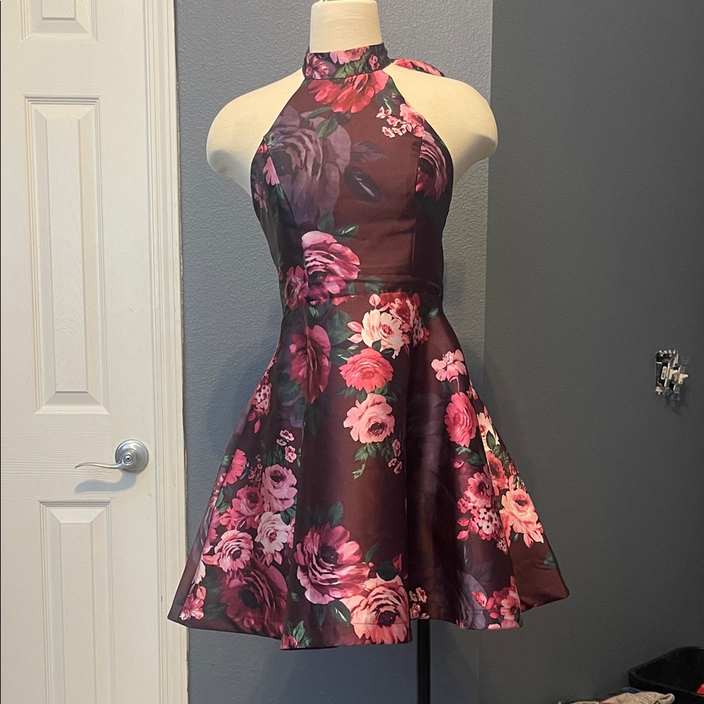 Floral Halter Neck Dress - Pink and Maroon